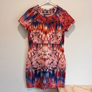 Zara Collection Cherry Blossom Print Bodycon Mini Dress Red Blue Short Sleeve M